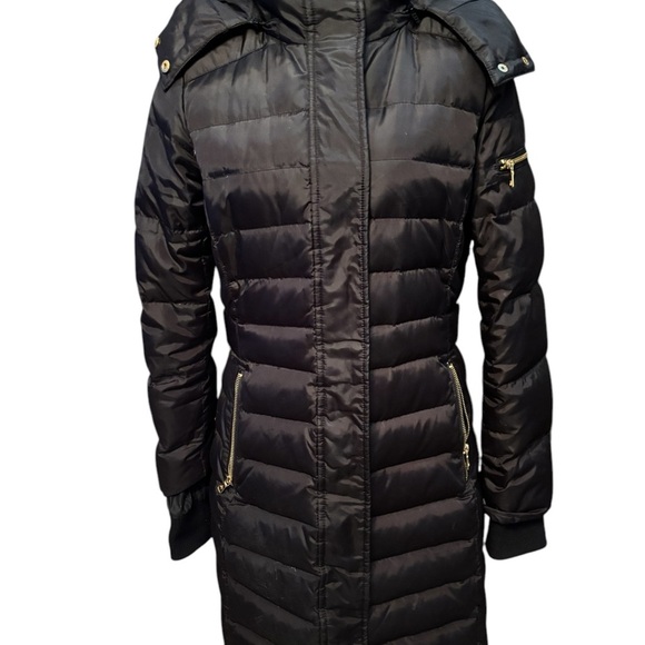 SAM EDELMAN FAUX FUR TRIM HOODED DOWN FEATHER BLACK PUFFER WINTER SKI COAT SZ M - Picture 12 of 13